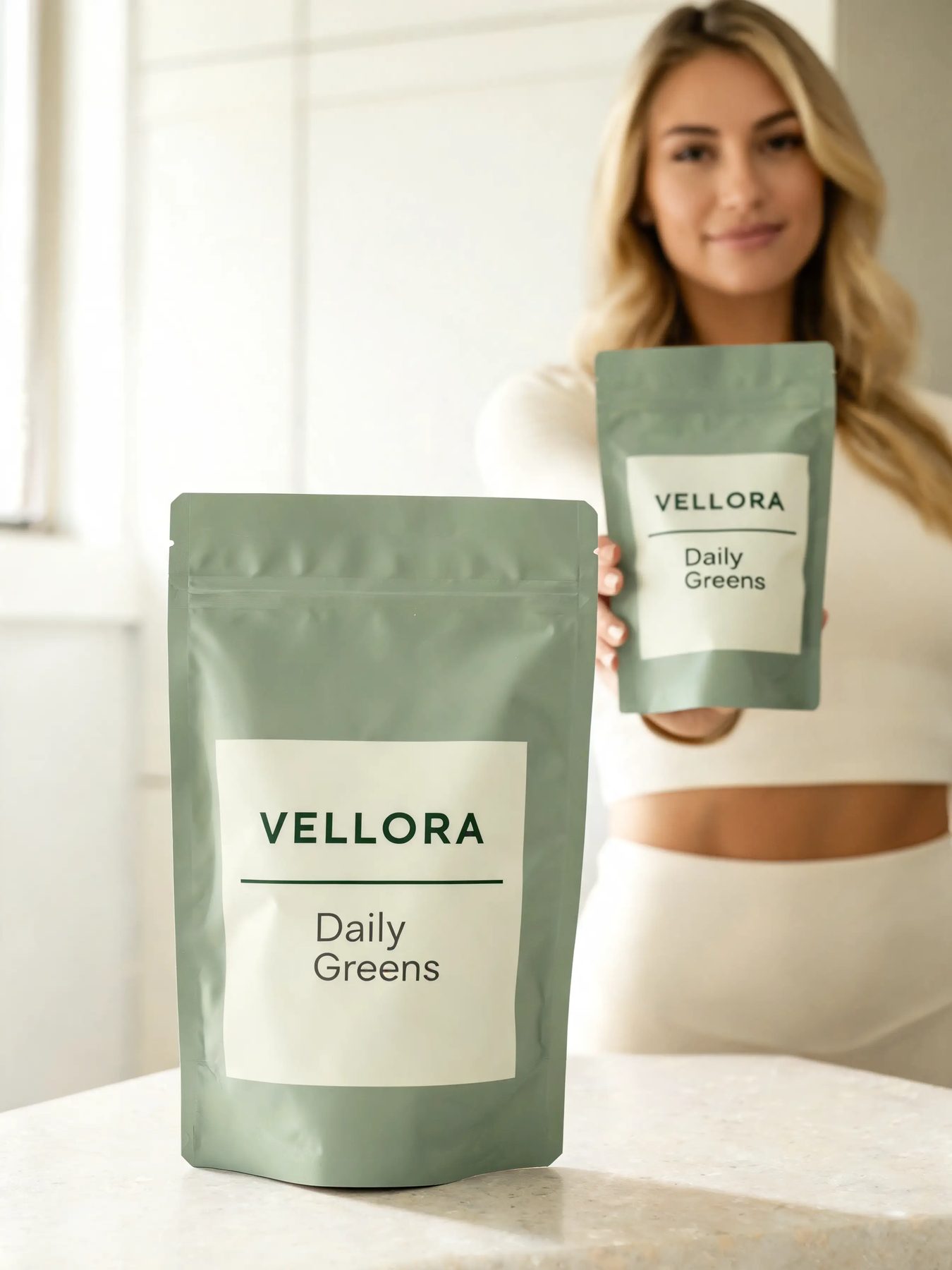 Athlete holding Vellora greens pouch with readable brand label