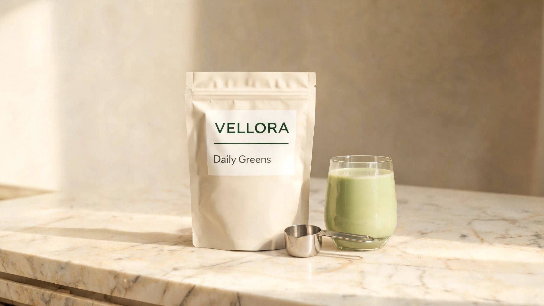 Vellora packaging on cream stone in a clean kitchen